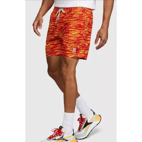 Psycho Bunny Men's Neon Red Orange Wavy Print Foley Graphic Swim Trunks XXXL - Picture 1 of 11